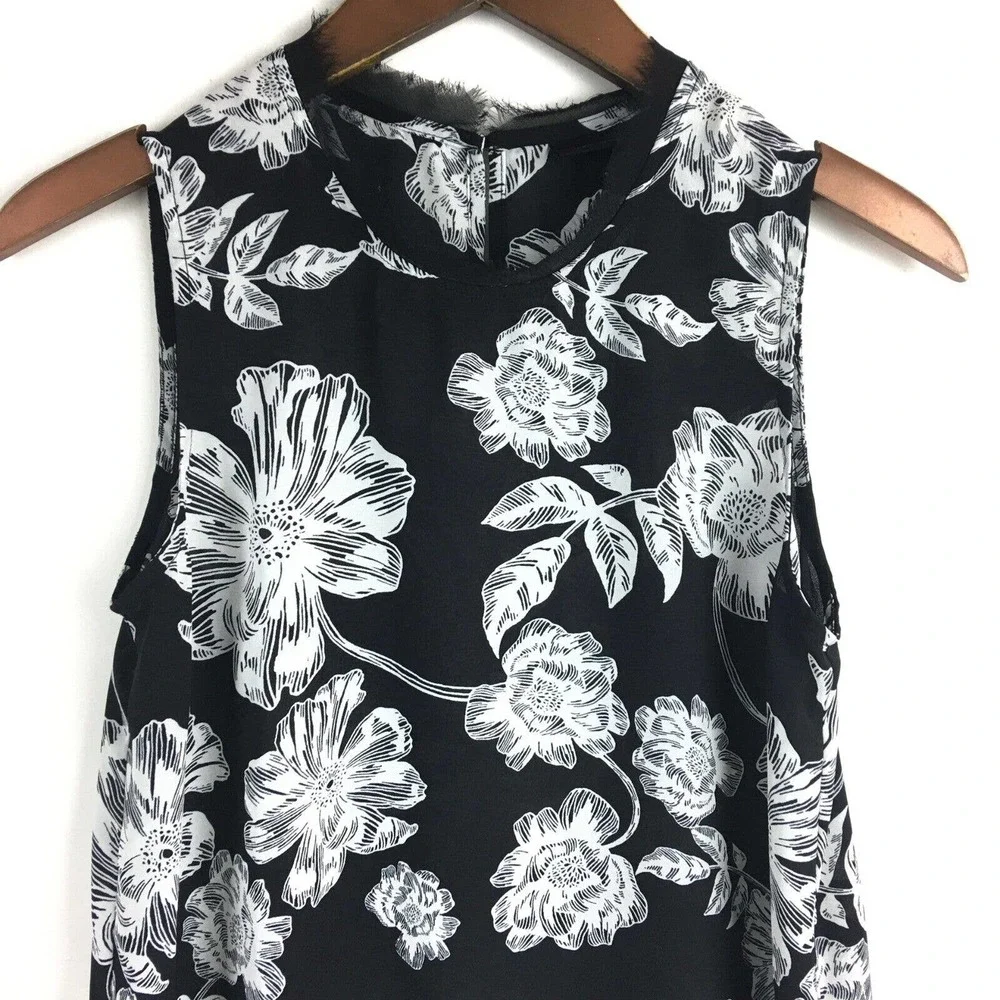Who What Wear Womens Top Small Black White Floral Sleeveless Chiffon Blouse - Picture 8 of 11